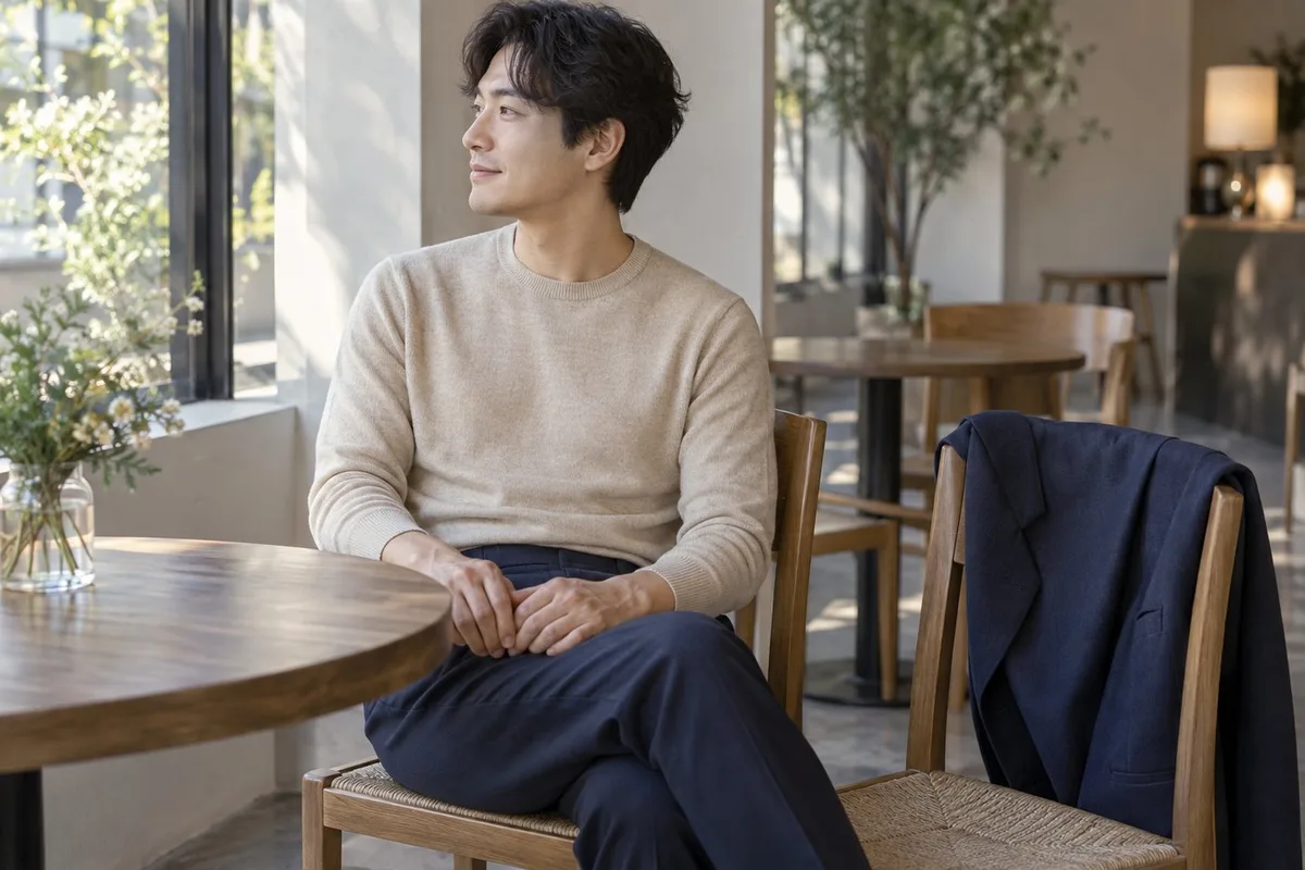 얇은 니트를 입고 재킷은 옆 의자에 걸어둔 실내 코디