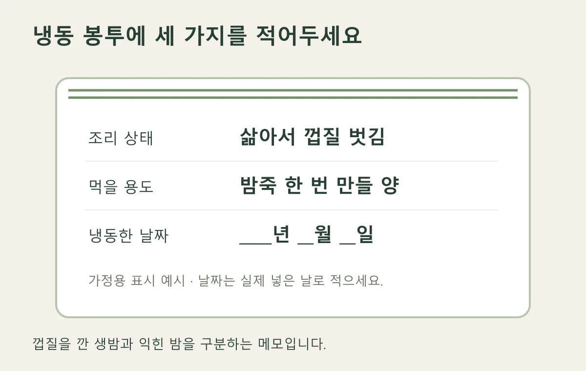 조리 상태, 사용할 요리, 냉동한 날짜를 적는 봉투 표시 예시