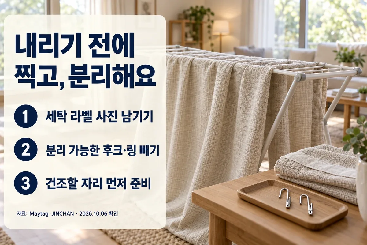 세탁 전 라벨 사진, 분리 가능한 후크, 건조 공간을 준비하는 순서