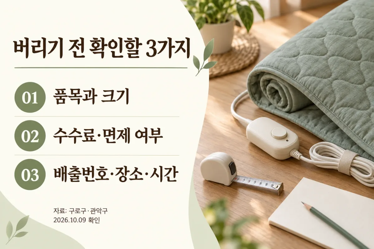 배출 전에 품목과 크기, 수수료 면제 여부, 배출번호와 장소 및 시간을 확인하는 카드
