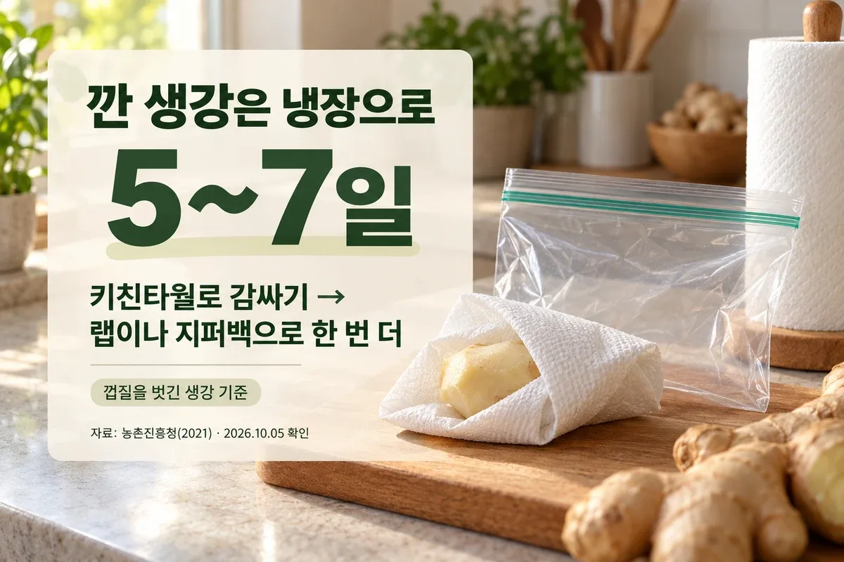 깐 생강을 키친타월과 랩 또는 지퍼백으로 포장하는 냉장 안내