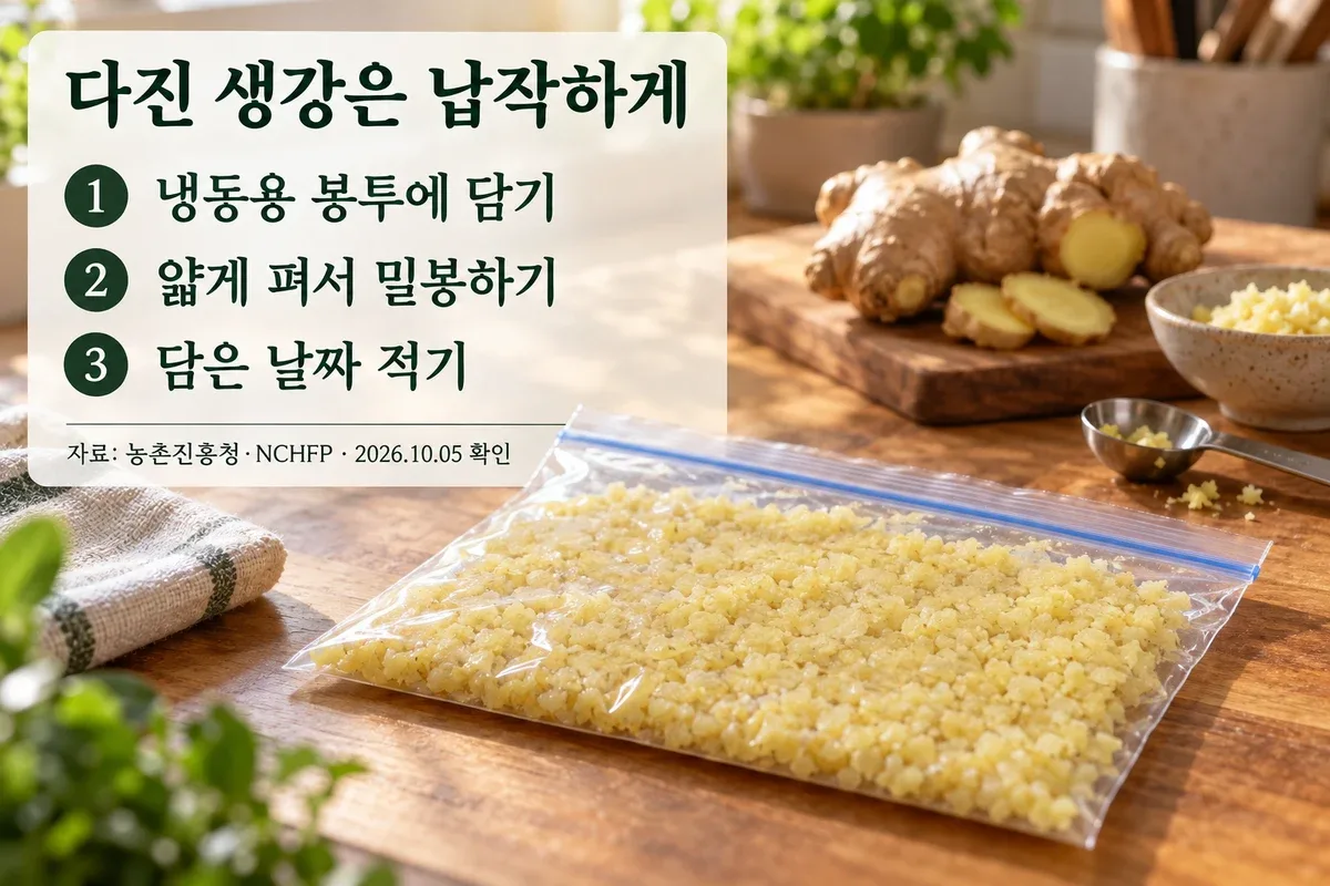 다진 생강을 냉동용 봉투에 얇게 펴고 날짜를 적는 순서