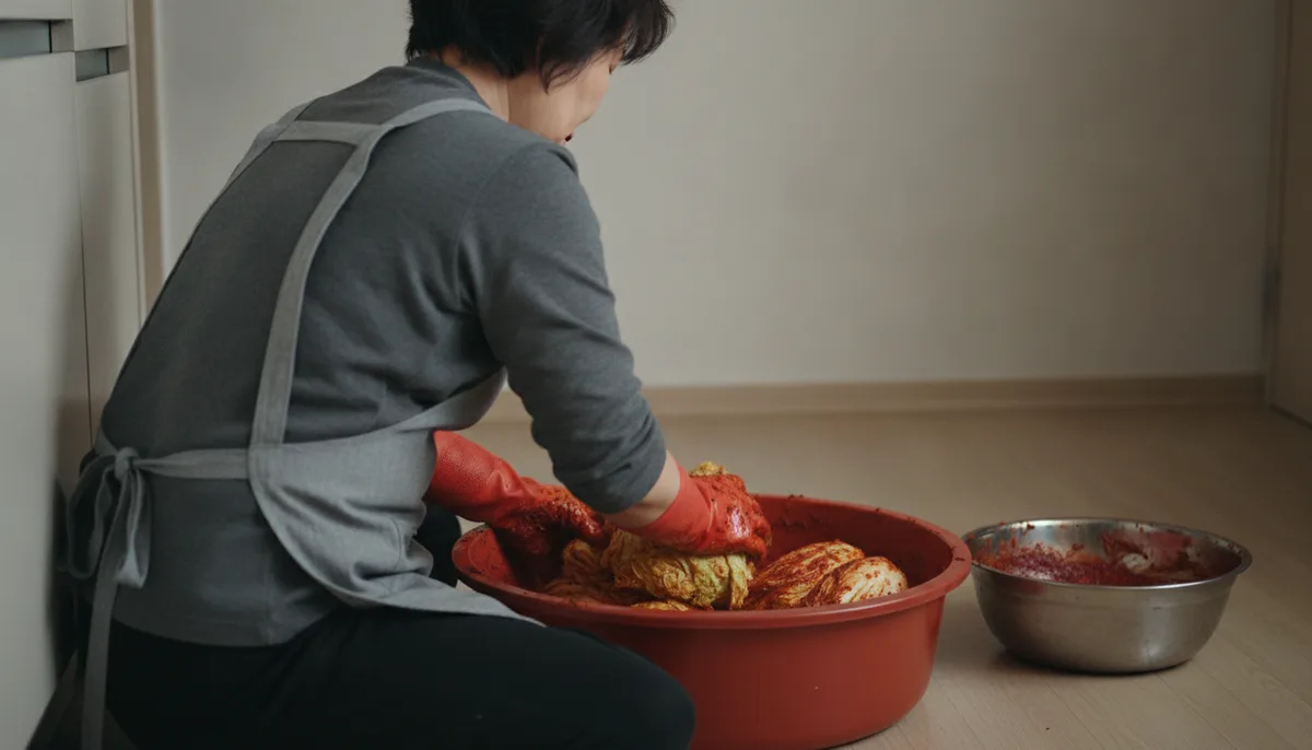 아파트 부엌에서 큰 대야에 절임배추를 놓고 양념을 버무리는 사람의 뒷모습
