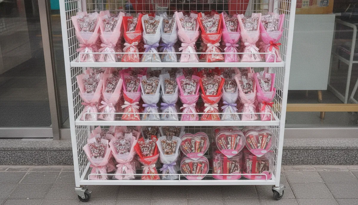 편의점 앞 진열대에 셀로판과 리본으로 포장된 빼빼로 꽃다발과 하트 상자 세트가 층층이 놓인 모습