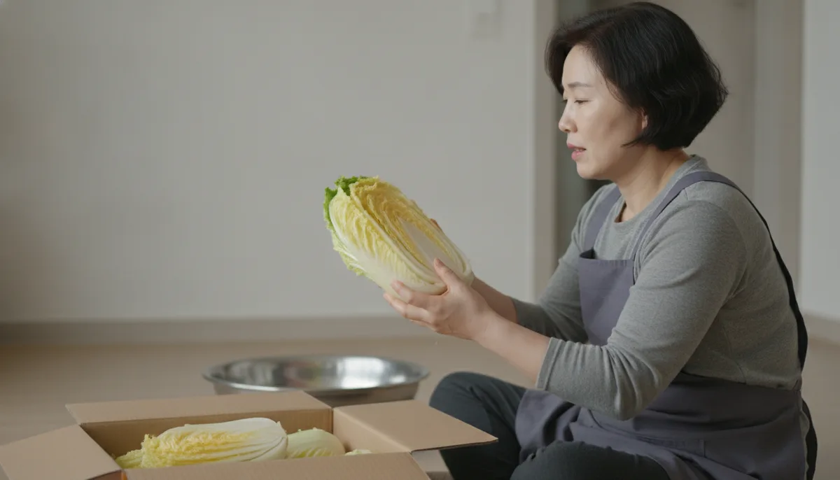 거실 바닥에서 절임배추 상자를 열고 포기를 세어 보는 사람의 옆모습