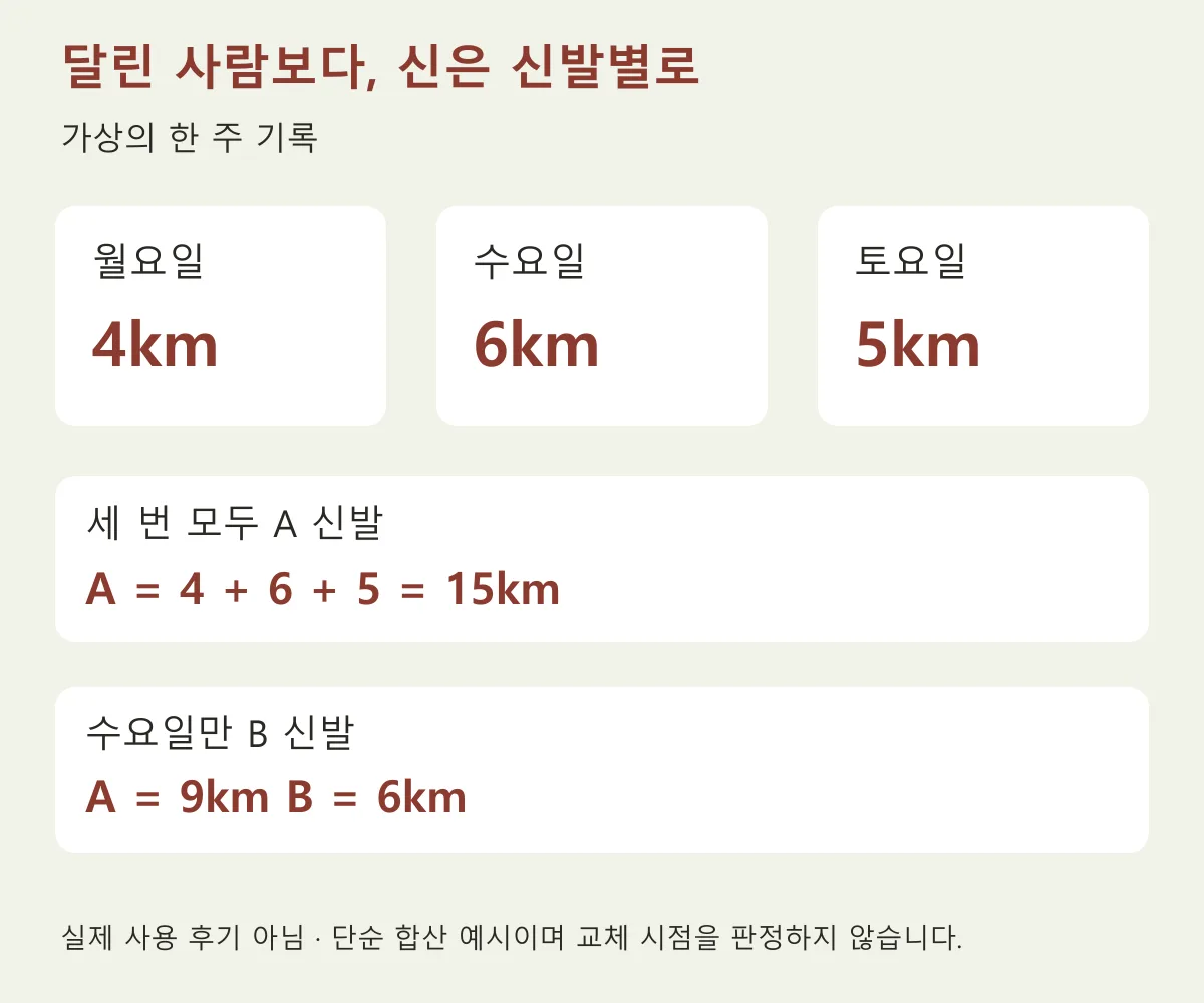 월요일 4km 수요일 6km 토요일 5km를 신발별로 합산한 기록 예시