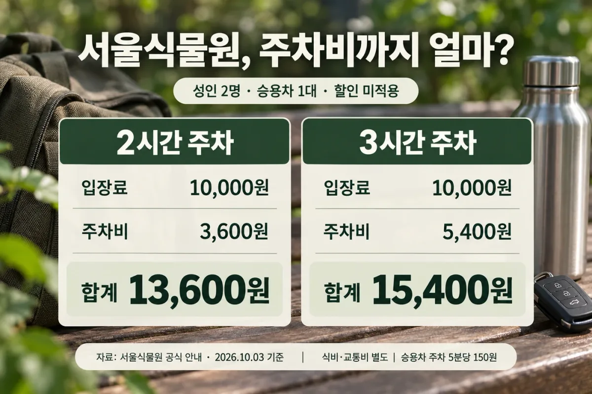 성인 두 명의 서울식물원 입장료와 주차비 비교