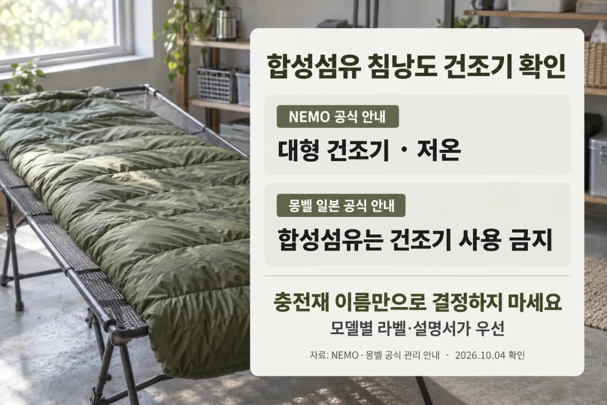 합성섬유 침낭의 제조사별 건조기 허용 여부