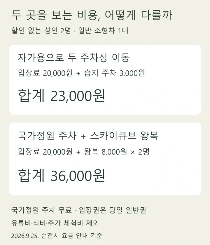 성인 두 명 기준 자가용 이동은 23000원, 스카이큐브 왕복 이용은 36000원인 비용 비교