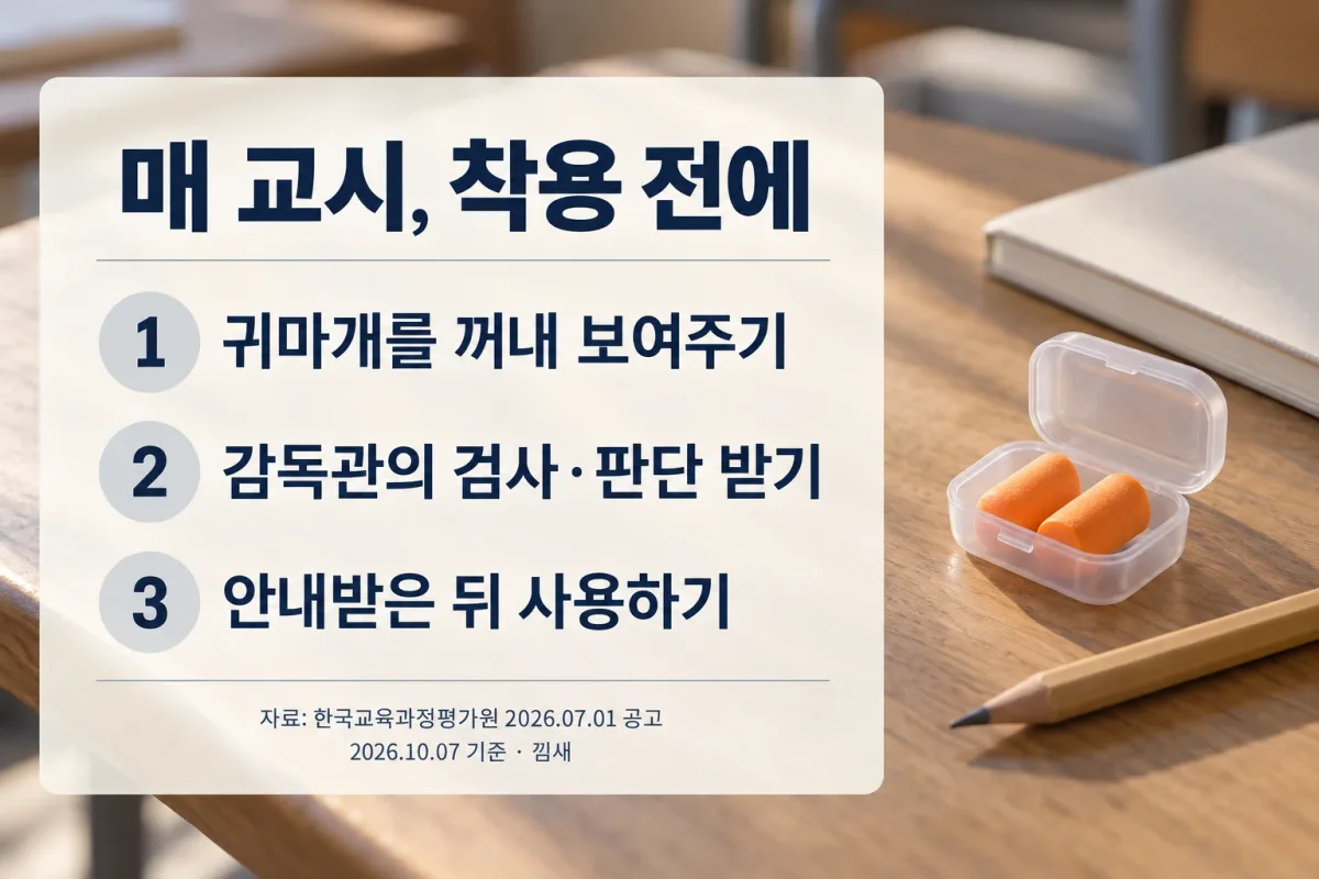 매 교시 귀마개를 보여주고 감독관 점검 후 사용하는 순서
