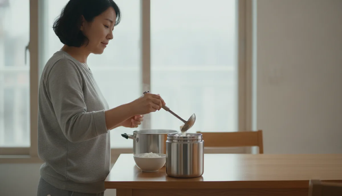 이른 아침 부엌 식탁에서 보온 도시락통에 소고기뭇국을 담는 사람의 옆모습
