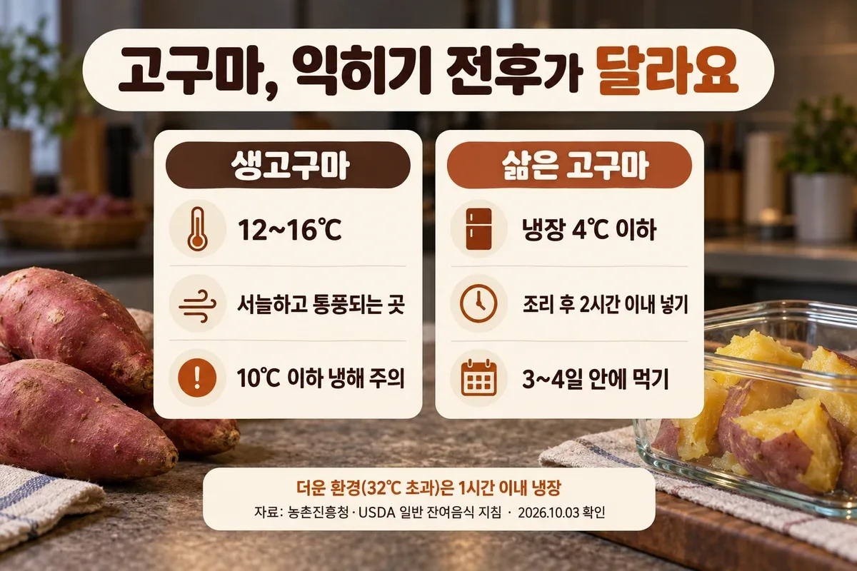 생고구마와 삶은 고구마의 보관 온도와 시간을 비교한 카드