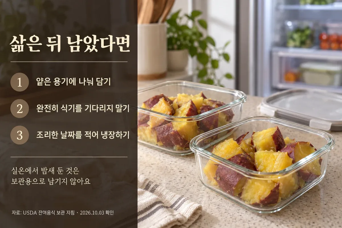 삶은 고구마를 얕은 용기에 나누고 신속히 냉장하는 순서