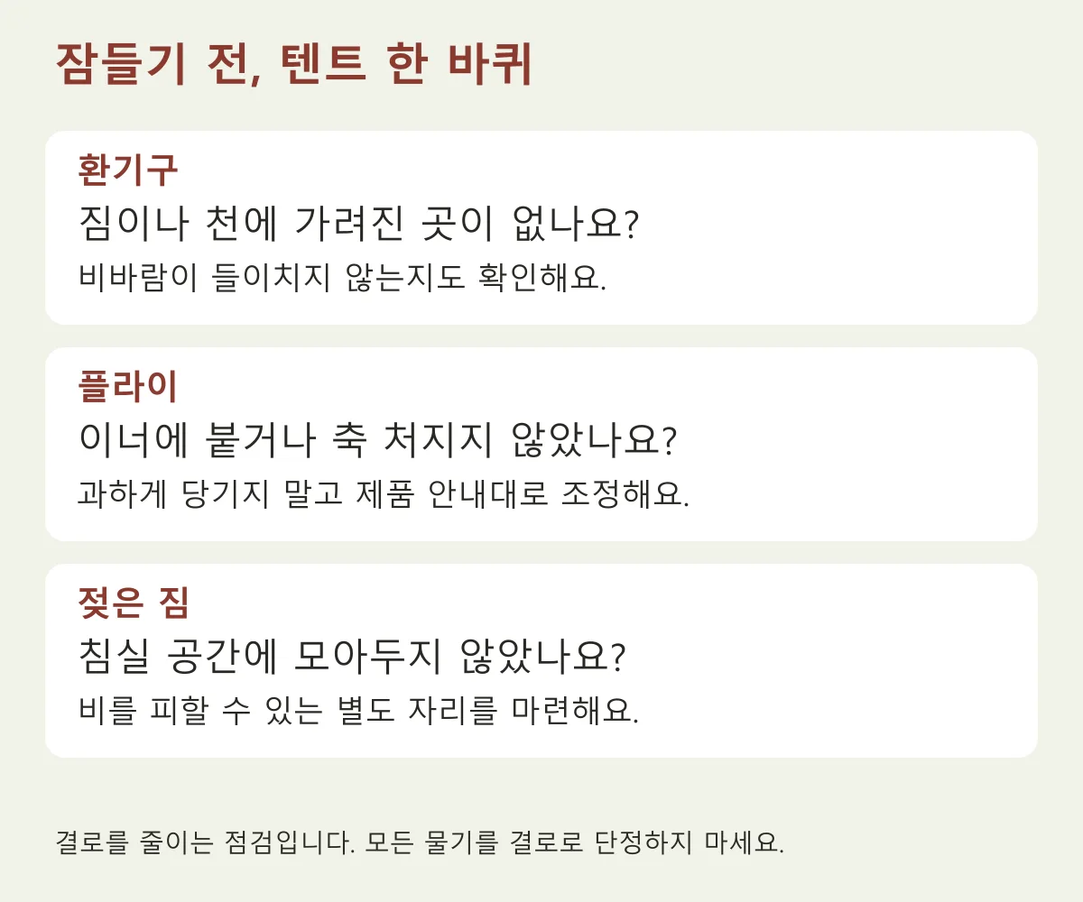 잠들기 전 확인할 환기구와 플라이와 젖은 짐의 세 항목